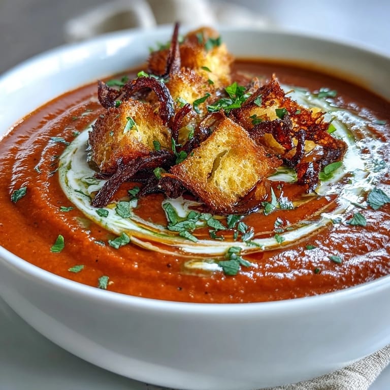 A spoon dips into the velvety roasted red pepper soup with crispy croutons, revealing a vibrant, smooth orange texture.