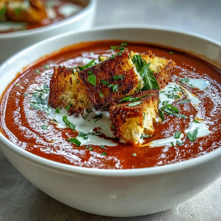 Rustic bread cubes sit next to a bowl of creamy roasted red pepper soup with crispy croutons and a small drizzle of cream.