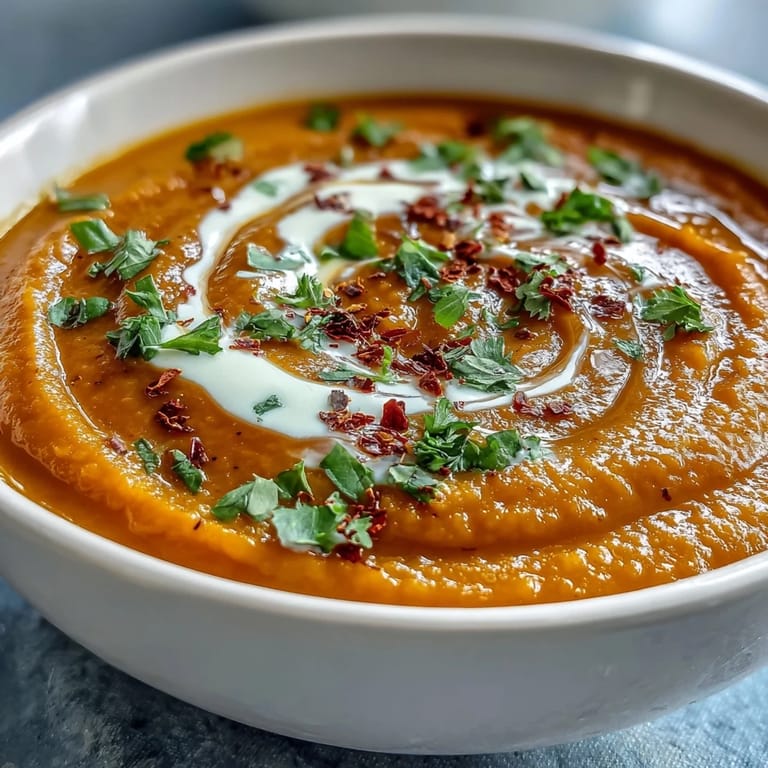 Creamy vegan Carrot and Lentil Soup in a rustic ceramic bowl, ready to be enjoyed as a comforting and nourishing weeknight dinner.