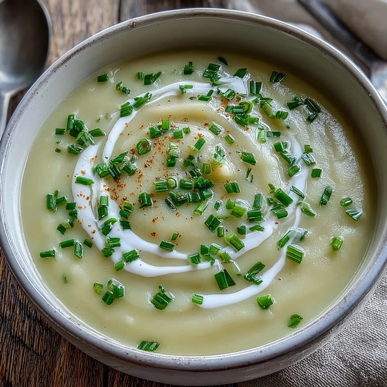 Silky blended Potato Leek Soup served in a white ceramic bowl, topped with fresh parsley and a drizzle of olive oil.