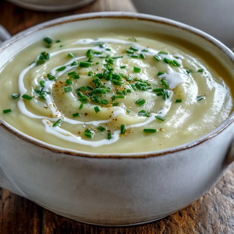 Hearty bowl of velvety Potato Leek Soup, perfect for cozy winter meals, featuring tender Yukon Gold potatoes and leeks.