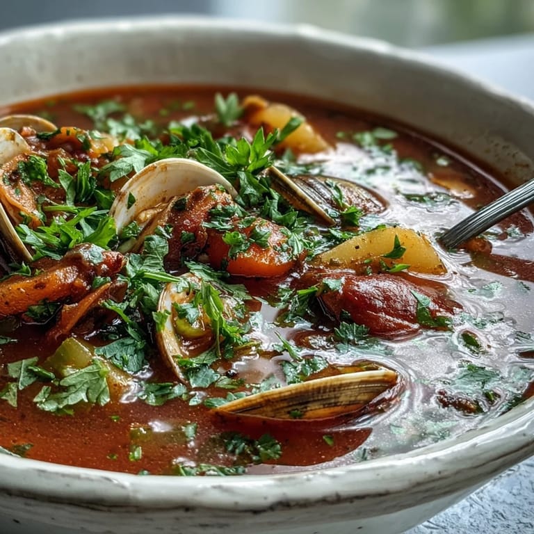 Hearty Manhattan Clam Chowder served hot with oyster crackers and a loaf of crusty bread on the side.
