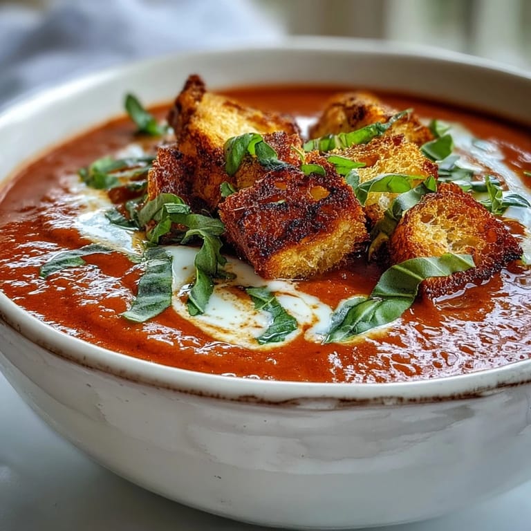 A swirl of cream and fresh basil garnish this velvety Creamy Roasted Tomato Soup, paired with crunchy homemade croutons on a cozy table.