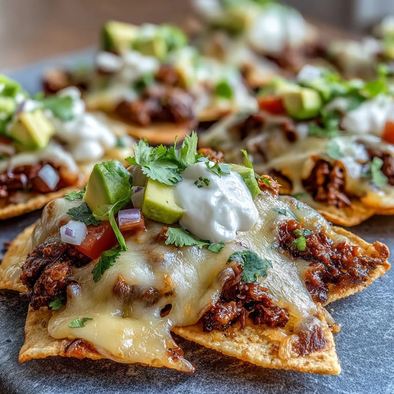 Loaded game day BBQ Beef Nachos featuring smoky beef, diced red onion, tomatoes, and fresh cilantro on crispy tortilla chips.