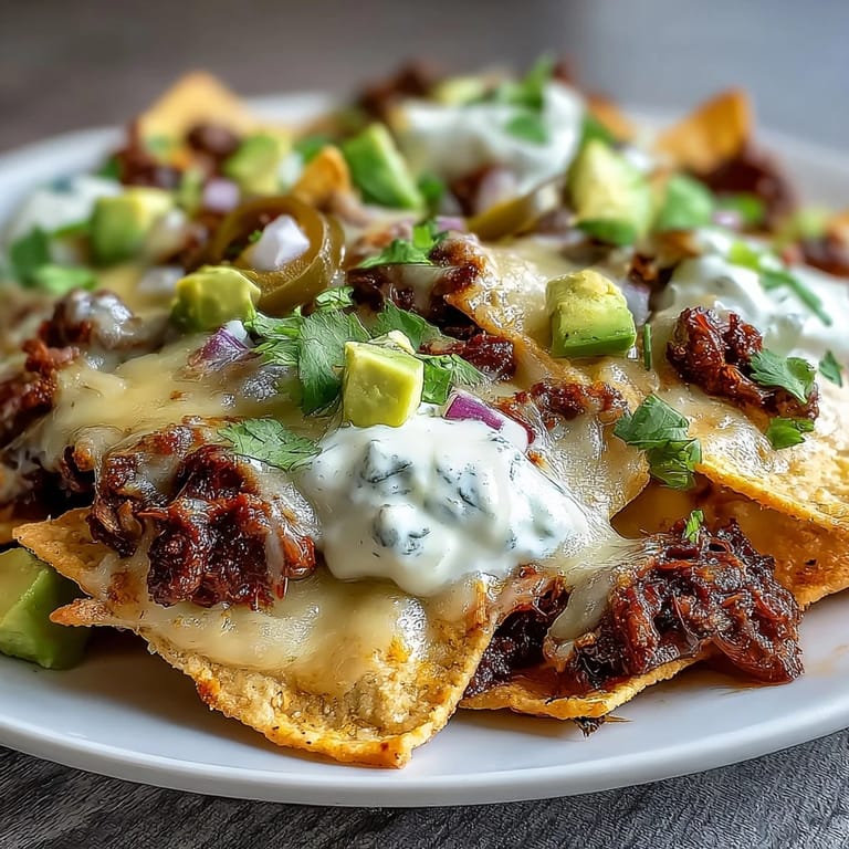 Golden, cheesy BBQ Beef Nachos served hot from the oven, topped with avocado and ready for a crowd.