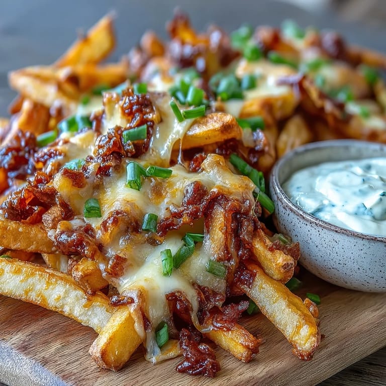 Freshly sliced green onions garnish the Cheesy BBQ Fries and a side of ranch dip.