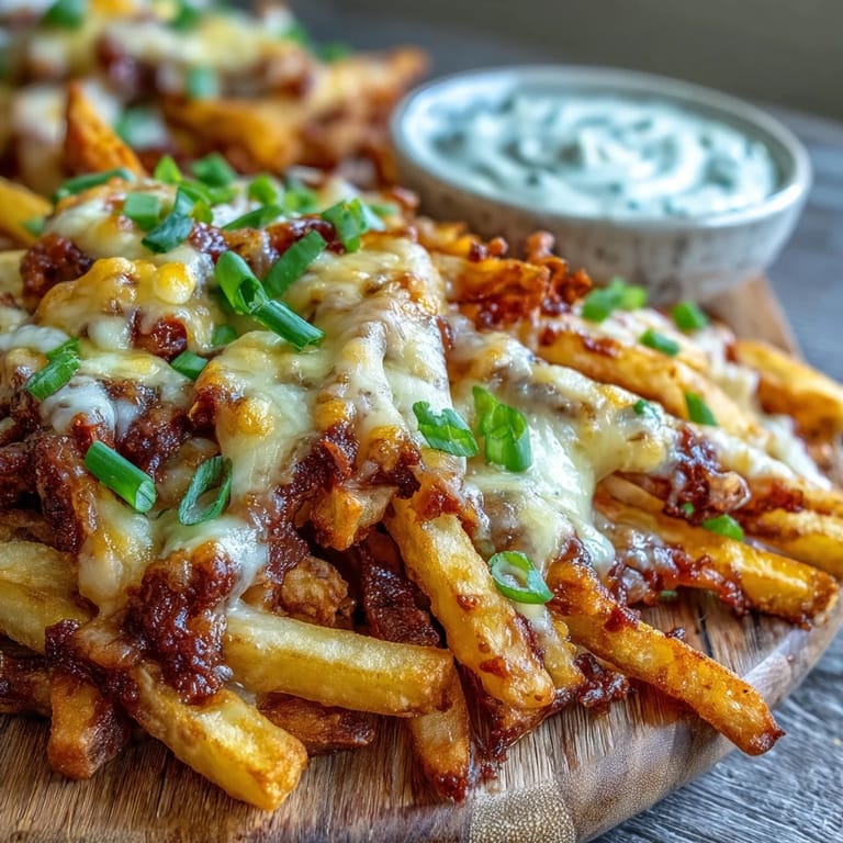 A close-up of golden Cheesy BBQ Fries with bubbly cheese and creamy ranch dip.