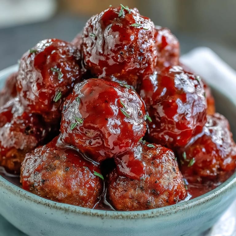 A close-up of Grape Jelly and Chili Sauce Meatballs glistening in glossy sauce, perfect for serving with toothpicks at a party.