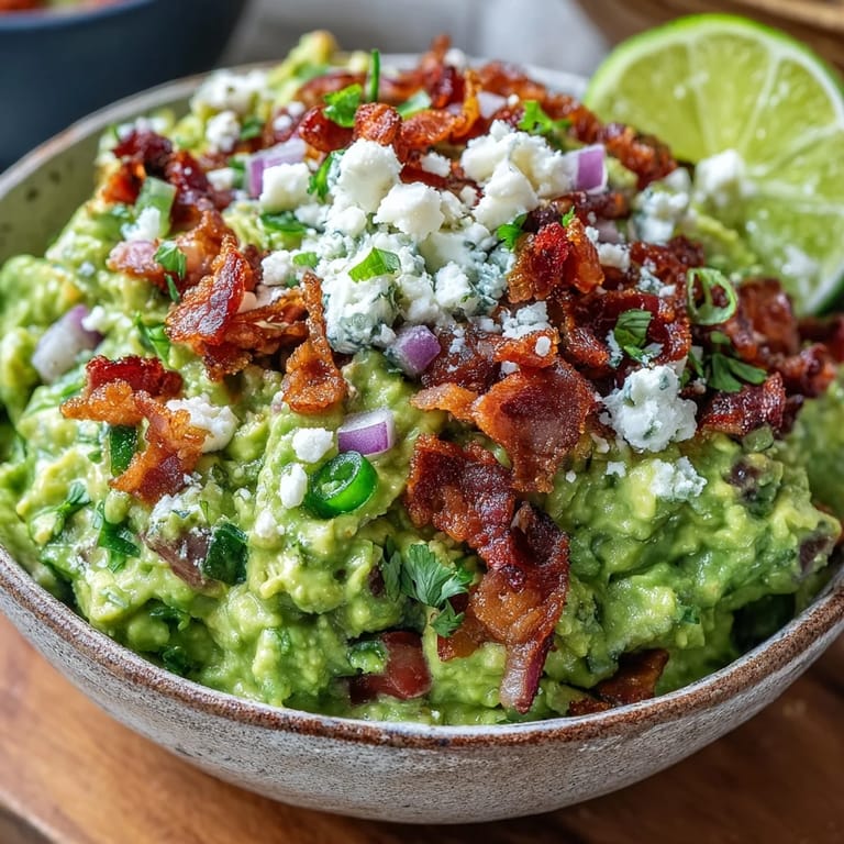 Served in a rustic bowl, this Bacon Guacamole With Cotija Cheese is topped with extra bacon and Cotija, with tortilla chips on the side.