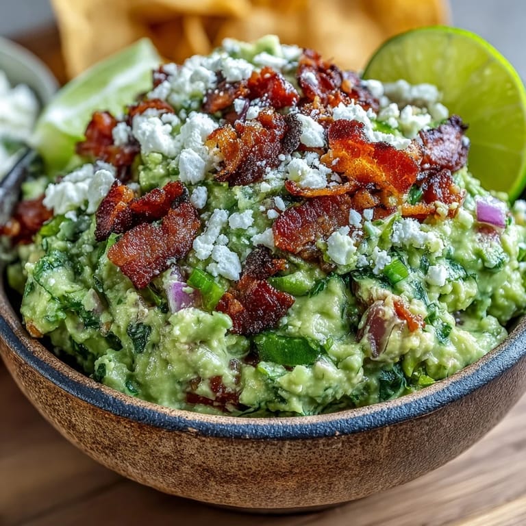 A creamy dip of Bacon Guacamole With Cotija Cheese mixed with diced red onion and tomato, brightened by lime juice and fresh cilantro.