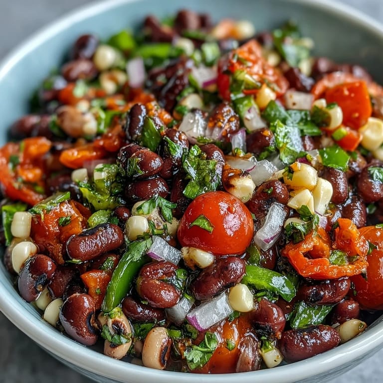A close-up of a chilled bowl of Cowboy Caviar with fresh vegetables and beans, served alongside crispy tortilla chips for dipping.