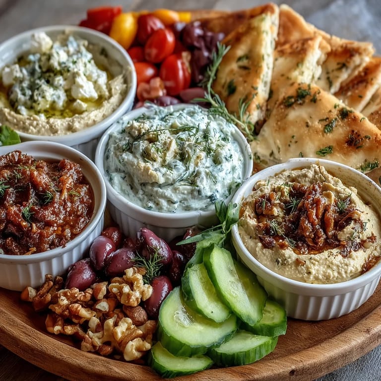 Colorful Mediterranean Brunch Board with Dips and Flatbreads topped with briny olives, crunchy nuts, and warm pita wedges for sharing.