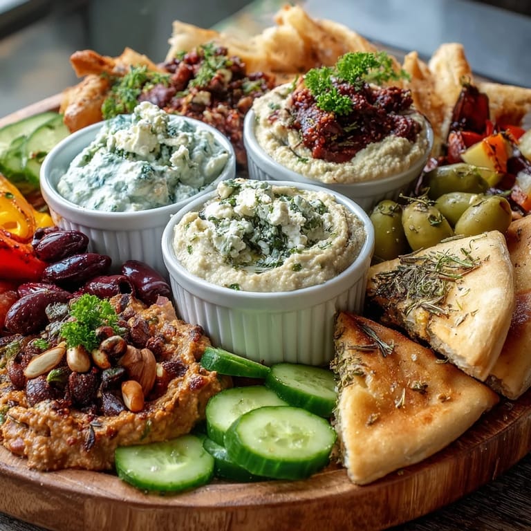 An inviting Mediterranean Brunch Board with Dips and Flatbreads featuring creamy dips, crisp vegetables, and fresh herbs for a festive spread.