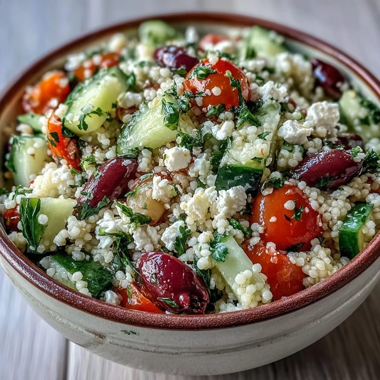 A platter of Mediterranean Pearl Couscous mixed with crisp vegetables and parsley, showcasing a zesty, homemade oregano vinaigrette.