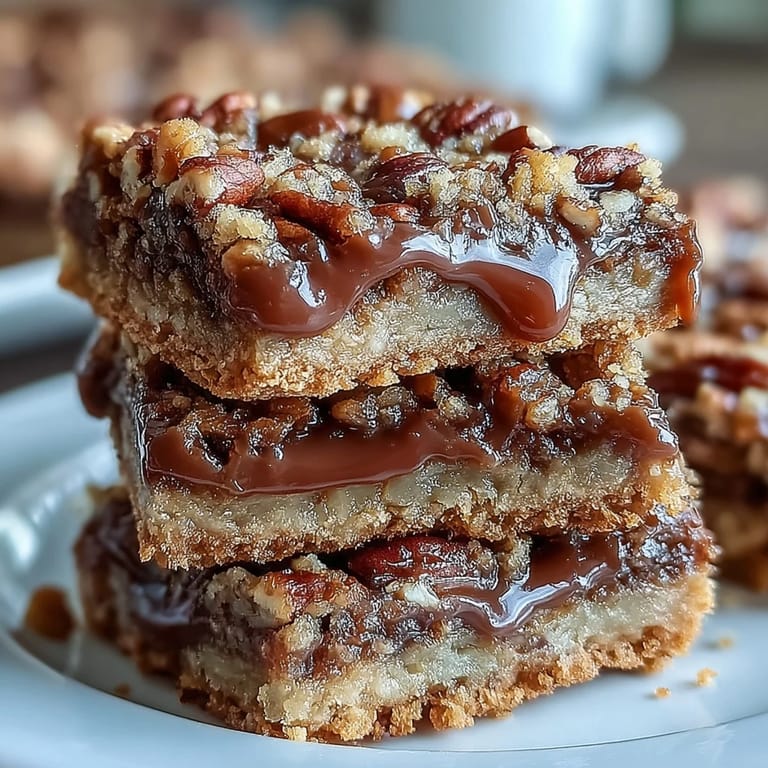 Freshly baked Decadent Sweet and Chewy Turtle Bars with Chocolate and Caramel served warm on a rustic wooden board.