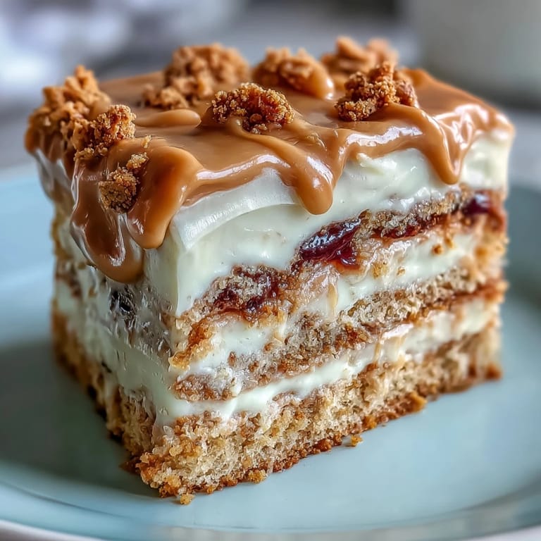 Serving suggestion for Decadent Baked Biscoff Cake with Creamy Lotus Frosting on a dessert plate with a steaming cup of coffee.