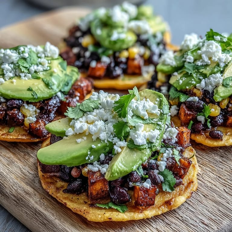 Golden, caramelized sweet potato cubes mingle with corn and cilantro on crisp tostadas, ready to serve with hot sauce.