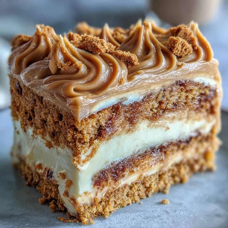 Whole Decadent Baked Biscoff Cake with Creamy Lotus Frosting on a marble stand, topped with crunchy biscuit crumbs and a caramel drizzle.