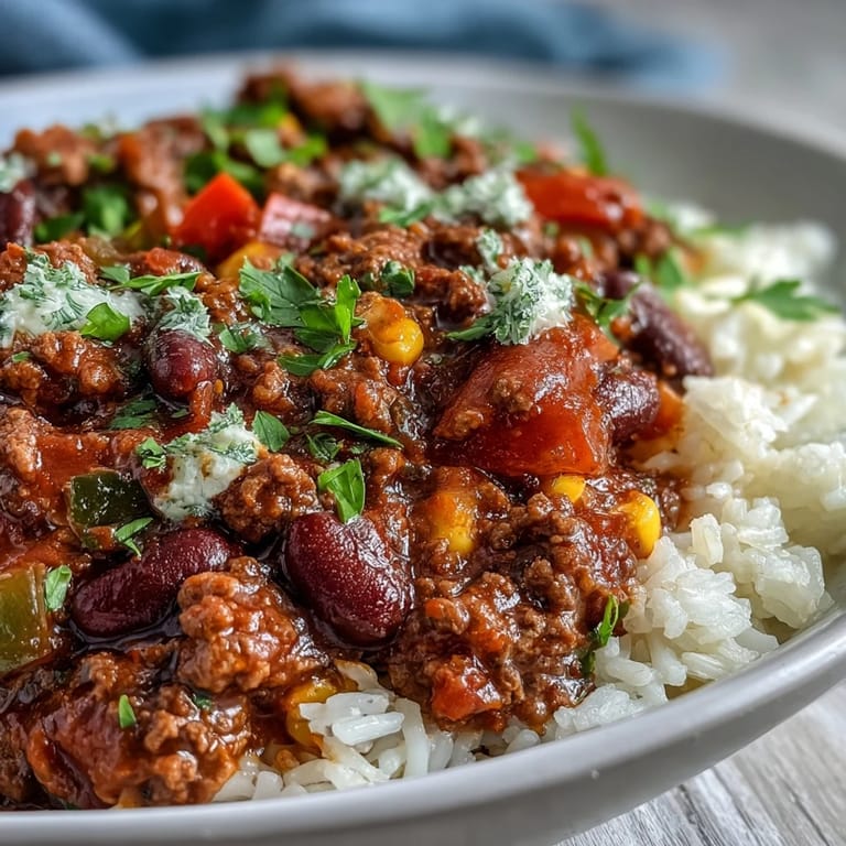 Close-up of a savory Chili Bowl Base topped with sour cream, cheddar, and fresh cilantro.