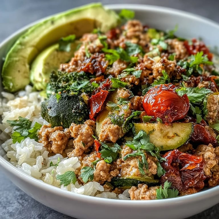 Colorful Ground Turkey Bowl showcases caramelized cherry tomatoes and red onion alongside tender grains, perfect for a wholesome, easy weeknight dinner.