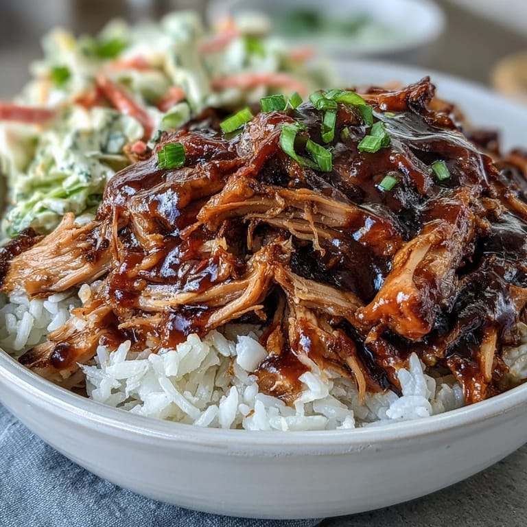 A close view of a warm pulled pork bowl with BBQ sauce drizzle on rice.