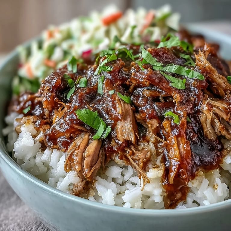 Fluffy rice topped with smoky pulled pork, tangy slaw, and fresh cilantro in a delicious bowl.