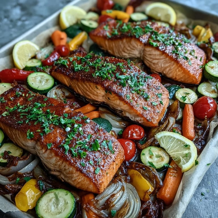 Serve this delicious Sheet Pan Salmon and Veggies Bowl garnished with chopped parsley and lemon wedges, perfectly cooked with flaky salmon and tender vegetables for a gluten-free, low-carb dinner.