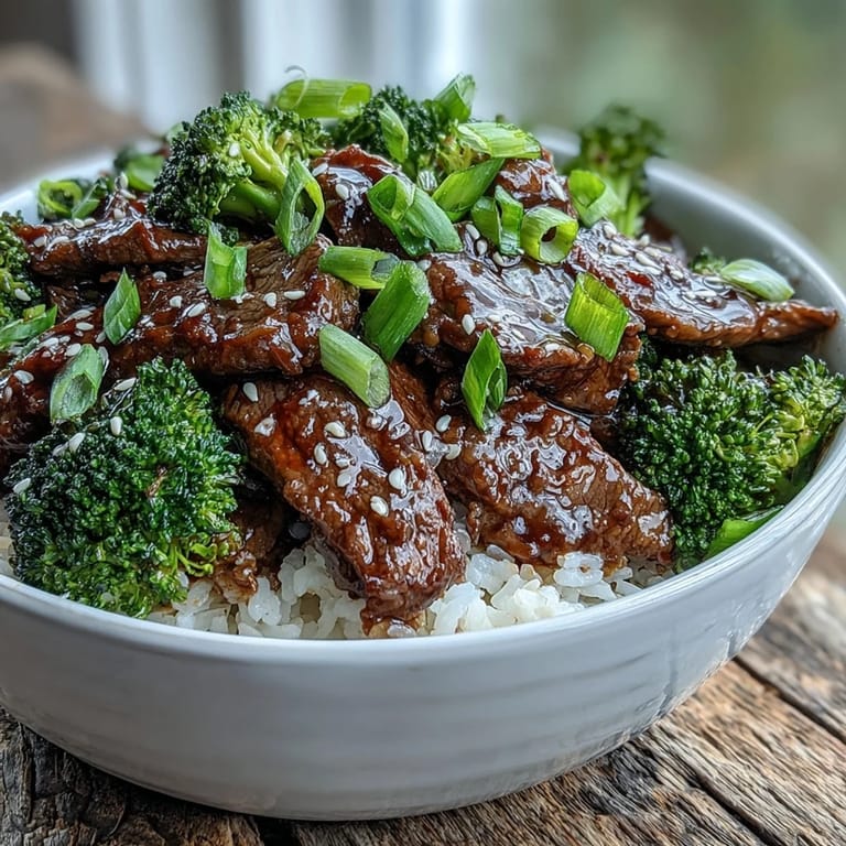 Garnished with green onions and sesame seeds, this Beef and Broccoli Bowl is ready to serve for dinner.