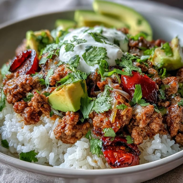 A hearty bowl of Turkey Taco Bowl featuring juicy turkey, crisp vegetables, and zesty toppings served over fluffy rice.  