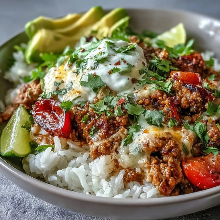 A satisfying Turkey Taco Bowl with lean turkey, colorful peppers, avocado, and melty cheese for a fresh, flavorful dinner.