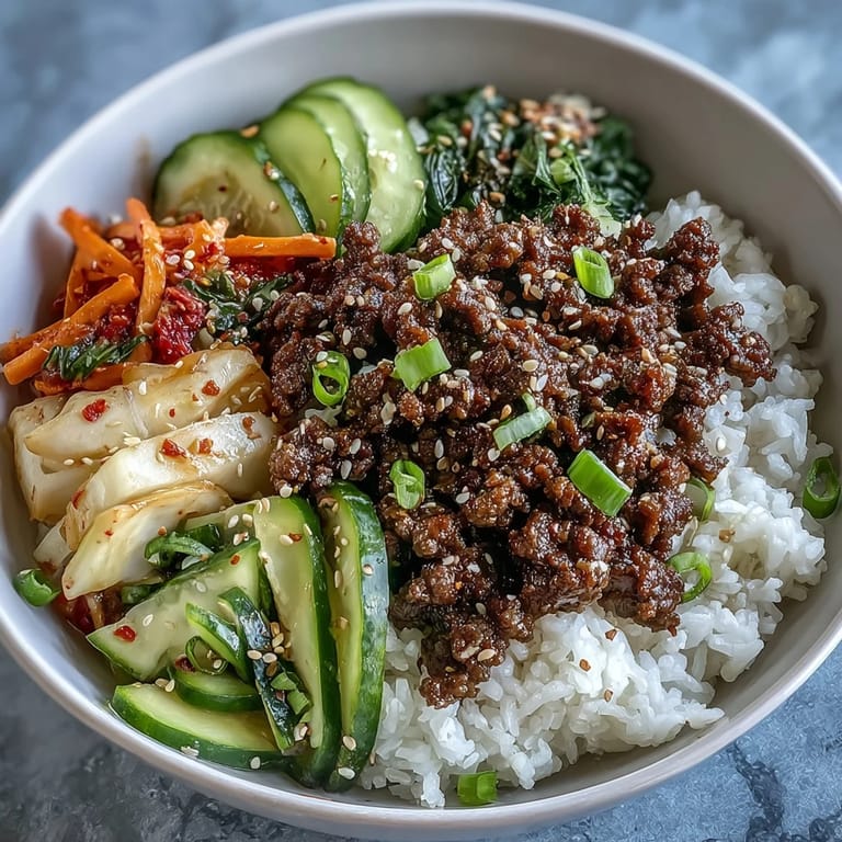 Hearty Korean ground beef bowl served with cauliflower rice and crisp pickled carrots, cucumber, and radish.  
