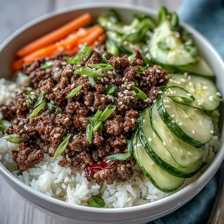 Flavorful Korean ground beef bowl topped with sesame seeds and green onions, paired with vibrant pickled vegetables.