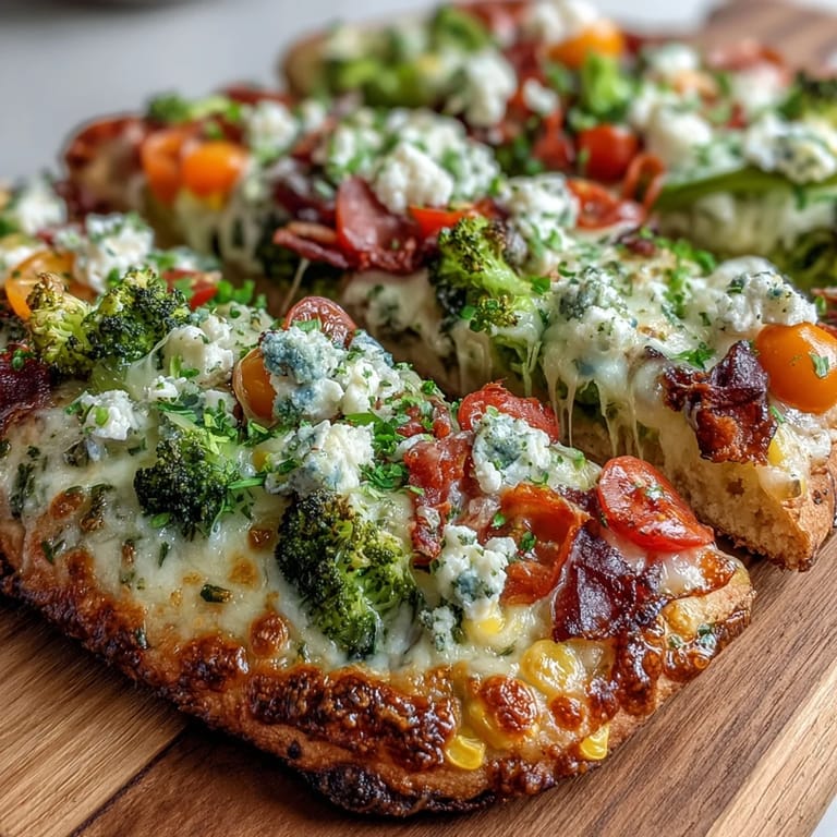 Festive St. Patricks Day Rainbow Veggie Flatbread Pizza topped with fresh mozzarella, feta, and a spectrum of garden vegetables.  