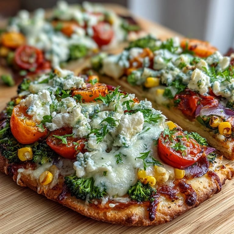Celebrate with St. Patricks Day Rainbow Veggie Flatbread Pizza, featuring a rainbow of peppers, spinach, and purple cabbage on creamy hummus base.
