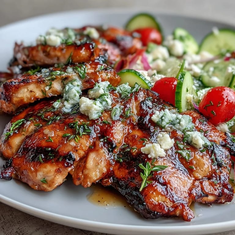 Healthy grilled chicken and veggie bowl topped with lemon vinaigrette and fresh herbs.