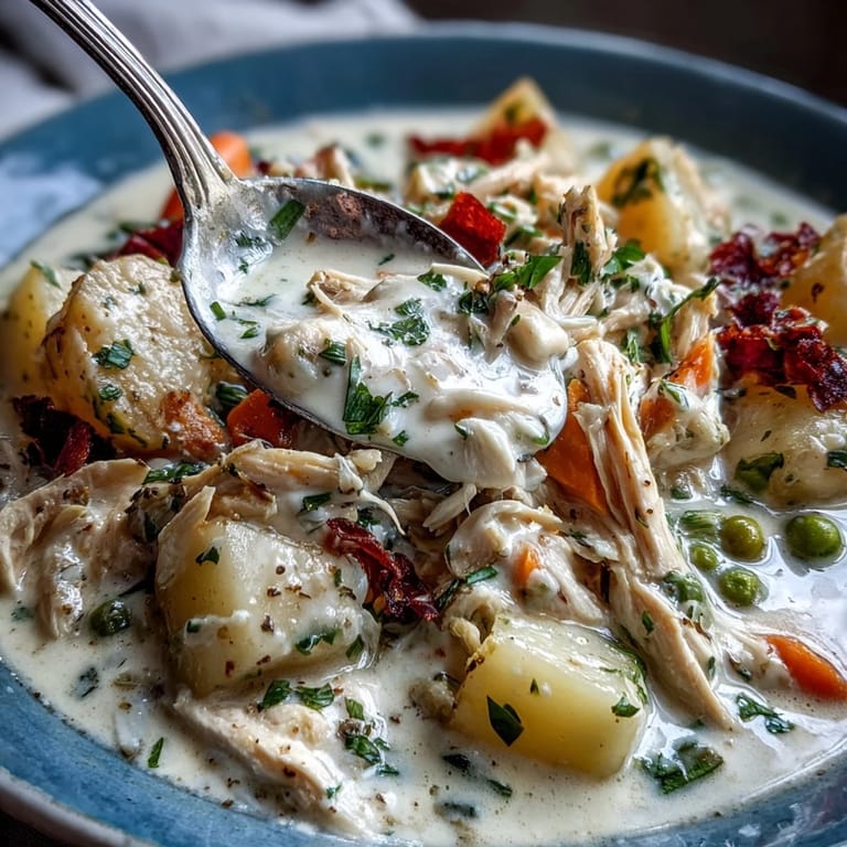 A comforting bowl of chicken pot pie soup, slow-cooked with potatoes, peas, and carrots.