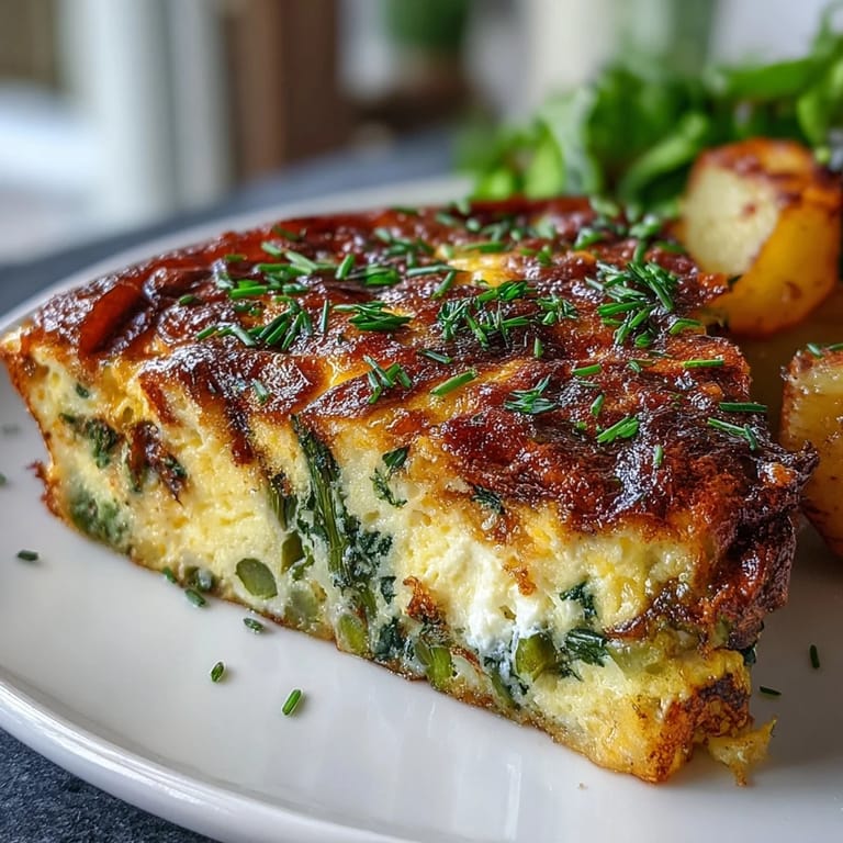 Savory spring frittata featuring sautéed asparagus, soft goat cheese, and fresh herbs—ideal for a light brunch.