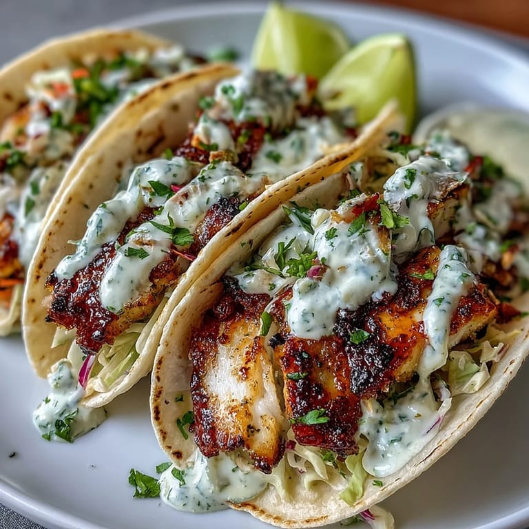 Zesty grilled fish tacos marinated in coconut milk and lime, topped with crunchy cabbage slaw and creamy coconut lime sauce.  