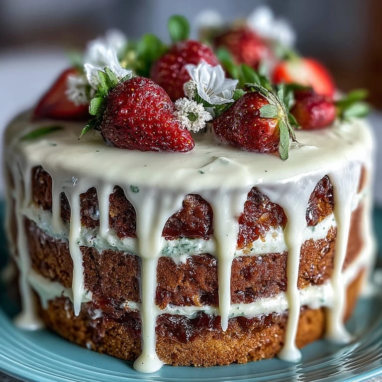 Moist vanilla layer cake with fresh strawberry buttercream, white chocolate drip, and edible flowers, perfect for spring gatherings.