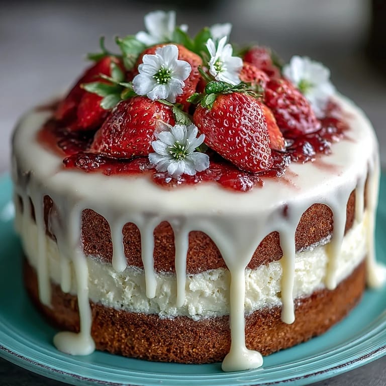 Elegant spring cake with strawberry frosting, white chocolate drip, and fresh edible flowers, ideal for festive occasions.