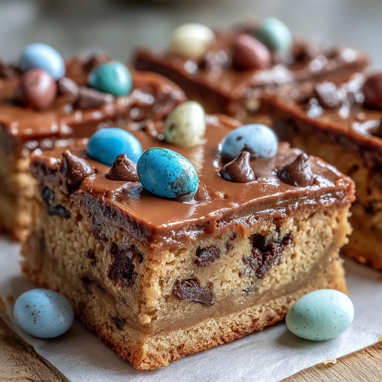 Chewy peanut butter cookie bars loaded with Easter egg candies, offering a festive and delicious dessert for gatherings.