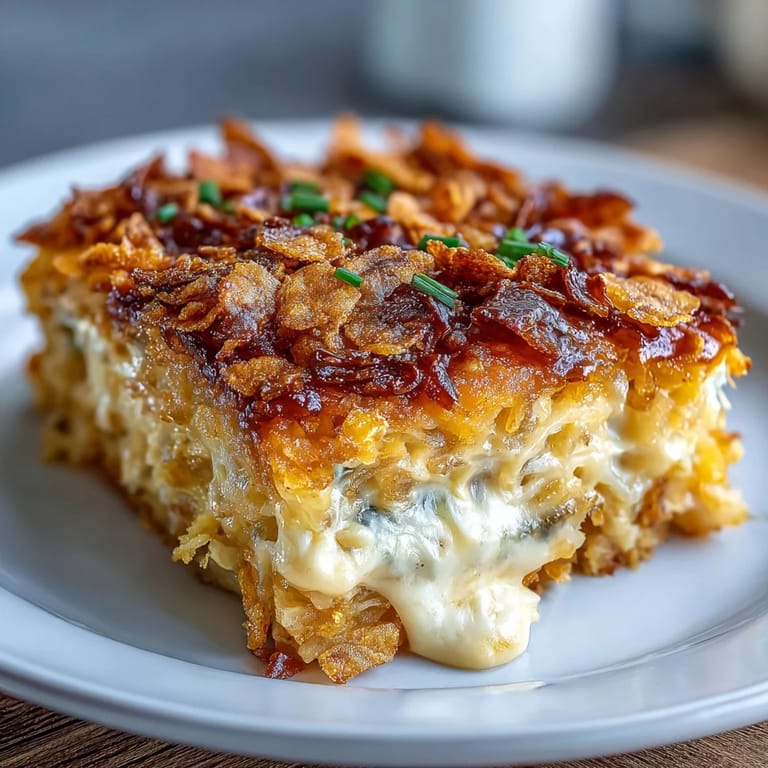 Comforting hash brown casserole baked to perfection, featuring melted cheese and a crunchy golden topping.
