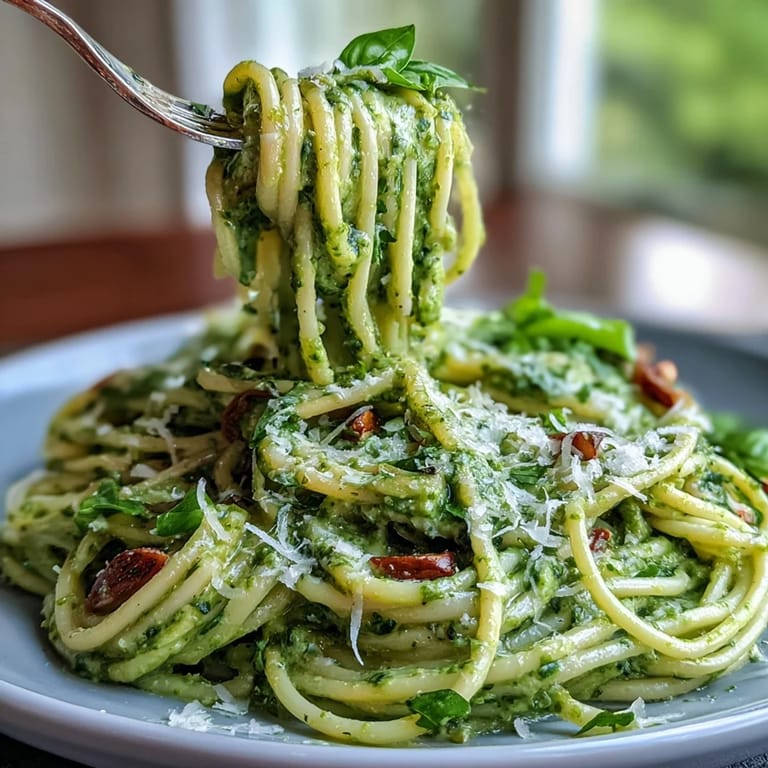 Bright, no-cook avocado pesto pasta, ready to serve with fresh basil garnish.