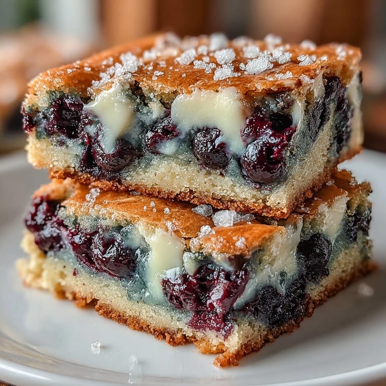 Tangy lemon and blueberry blondies studded with sweet white chocolate chunks.