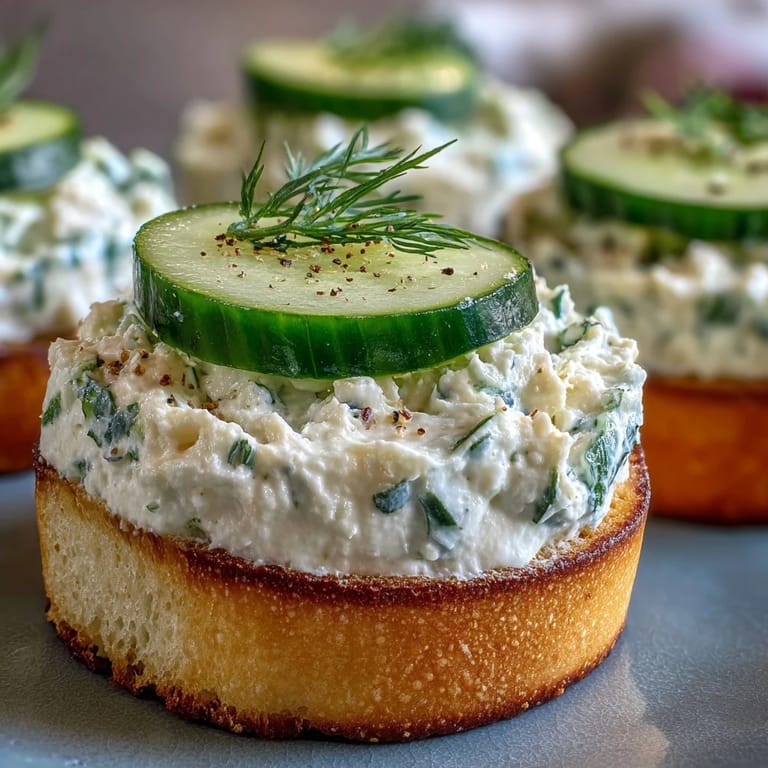 Chilled Derby Day Benedictine Cucumber Canapés garnished with fresh dill sprigs.