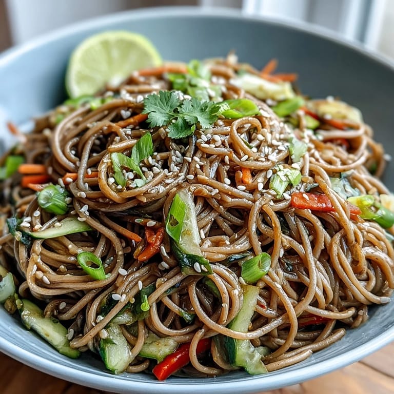 Chilled soba noodle salad topped with sesame ginger dressing and fresh garnishes.
