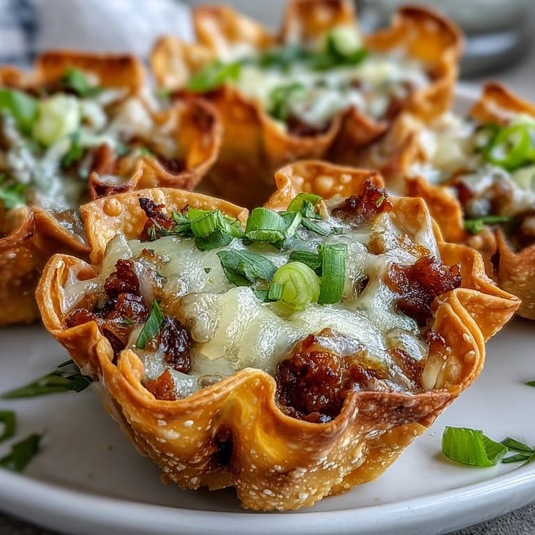 Delicious mini taco cups featuring seasoned beef and golden crisp wonton wrappers.