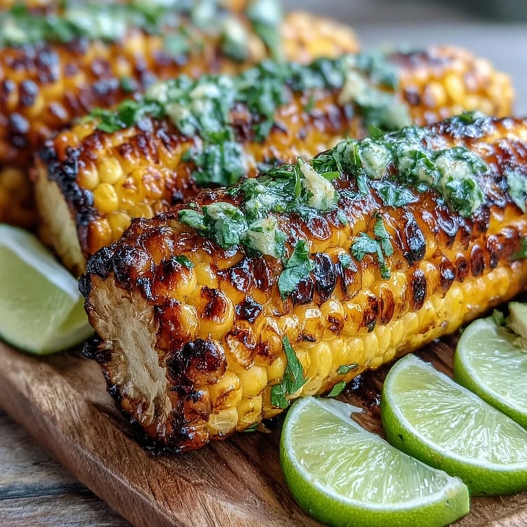 A colorful platter of grilled corn ribs with fresh cilantro and lime wedges.