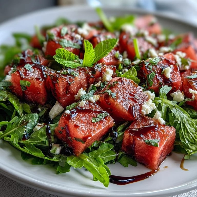 Close-up of watermelon feta arugula salad, glistening with balsamic glaze, perfect for grilling.