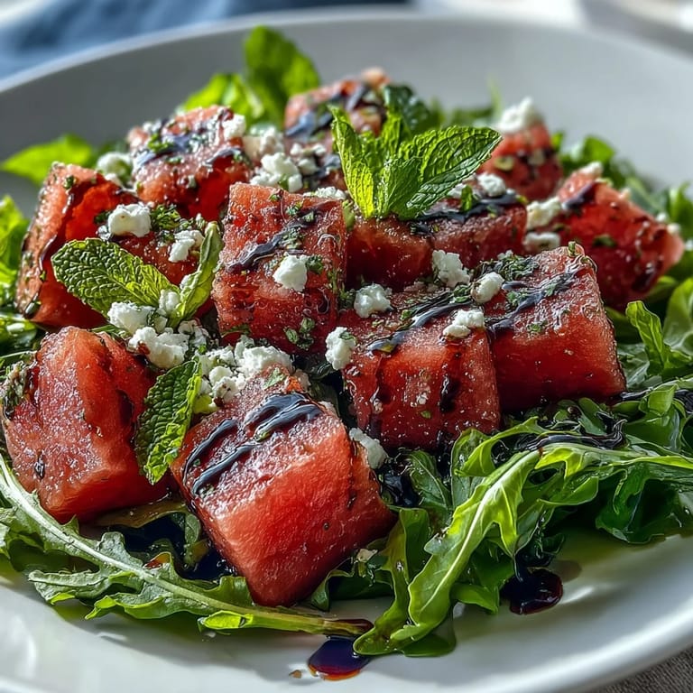 Beautifully plated watermelon feta arugula salad, a refreshing, easy dish with a tangy finish.